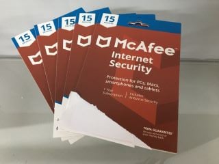 5 X MCAFEE INTERNET SECURITY ,1 YEAR SUBSCRIPTION, 15 DEVICES, ANTIVIRUS SECURITY KEYS - SEALED