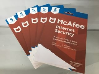 5 X MCAFEE INTERNET SECURITY ,1 YEAR SUBSCRIPTION, 15 DEVICES, ANTIVIRUS SECURITY KEYS - SEALED