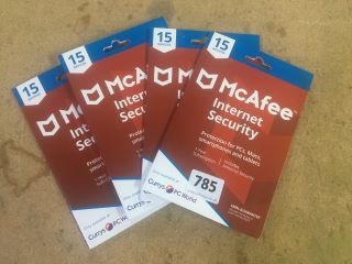 4 X MCAFEE INTERNET SECURITY ,1 YEAR SUBSCRIPTION, 15 DEVICES , ANTIVIRUS SECURITY KEYS - SEALED