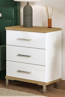 MONDIGO 3 DRAWER BEDSIDE CHEST 450WX400DX690HMM IN OAK AND GLOSS WHITE FINISH - RRP £249: LOCATION - B4