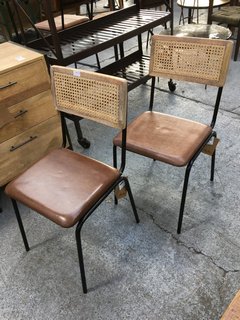 NKUKU 2 X ISWA LEATHER & CANE DINING CHAIRS IN TAN - COMBINED RRP £500: LOCATION - C8