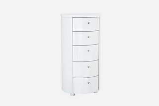 VICKY 5 DRAWER TALL CHEST IN HIGH GLOSS WHITE WITH CRYSTAL HANDLES INC OPTIONAL GLASS TOP IN BLACK - RRP £799: LOCATION - B2