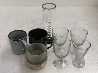 QTY OF ASSORTED NKUKU.COM CUPS & MUGS TO INCLUDE 3X YALA CLEAR WINE GLASS: LOCATION - BR