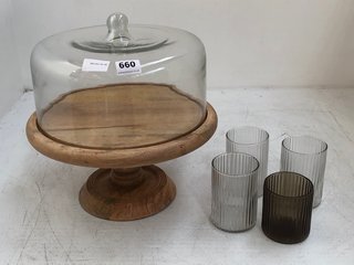 QTY OF NKUKU.COM GLASS WARE TO INCLUDE RECYCLED GLASS DOME CAKE STAND IN MANGO & GLASS - RRP £95: LOCATION - BR