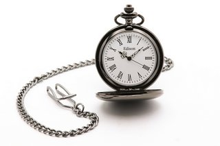MEN'S EDISON BLACK QUARTZ POCKET WATCH. COMES WITH A CHAIN AND GIFT BOX: LOCATION - BOOTH TABLE