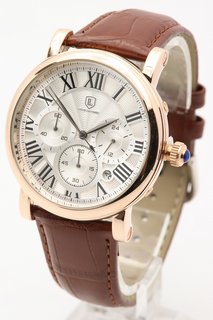 MEN'S LOUIS LACOMBE CHRONOGRAPH WATCH. FEATURING A WHITE MULTI FUNCTION ROMAN NUMERAL DIAL WITH DATE, GOLD COLOURED BEZEL AND CASE, W/R 3ATM. BROWN LEATHER STRAP. COMES WITH A GIFT BOX: LOCATION - BO