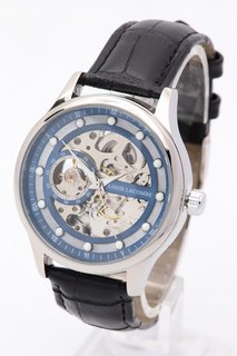 MEN'S LOUIS LACOMBE AUTOMATIC WATCH. FEATURING A BLUE SKELETON DIAL, SILVER COLOURED BEZEL, GLASS EXHIBITION BACK CASE, W/R 3ATM. BLACK LEATHER STRAP. COMES WITH A GIFT BOX: LOCATION - BOOTH TABLE