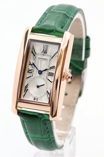 LADIES STOCKWELL WATCH. FEATURING A SILVER COLOURED TEXTURED DIAL WITH SUB DIAL MINUTE HAND. GOLD COLOURED CASE. GREEN LEATHER STRAP: LOCATION - BOOTH TABLE