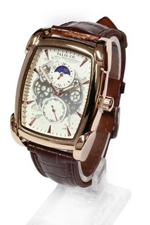MEN'S TALIS CO WATCH. FEATURING A WHITE DIAL, GOLD COLOURED, BEZEL AND CASE. MOON PHASE MOVEMENT. BROWN LEATHER STRAP: LOCATION - BOOTH TABLE