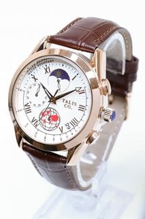 MEN'S TALIS CO 7120 CHRONOGRAPH WATCH. FEATURING MOON PHASE MOVEMENT, WHITE DIAL, GOLD COLOURED BEZEL AND CASE. DATE. BROWN LEATHER STRAP: LOCATION - BOOTH TABLE