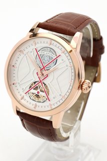 MEN'S VONLANTHEN AUTOMATIC WATCH. FEATURING A SILVER AND RED TEXTURED DIAL. ROSE GOLD COLOURED CASE. GLASS EXHIBITION BACK CASE. BROWN LEATHER STRAP: LOCATION - BOOTH TABLE