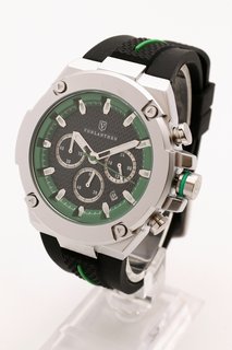 MEN'S VONLANTHEN V200 CHRONOGRAPH WATCH. FEATURING A BLACK DIAL WITH A GREEN SURROUND, SUB DIALS. DATE. SILVER COLOURED BEZEL AND CASE. W/R 3ATM. BLACK RUBBER STRAP: LOCATION - BOOTH TABLE