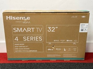 HISENCE 4 SERIES 32" SMART TV IN BLACK: MODEL NO 32A4KTUK (WITH BOX & ALL ACCESSORIES) [JPTM103120]. (SEALED UNIT). THIS PRODUCT IS FULLY FUNCTIONAL AND IS PART OF OUR PREMIUM TECH AND ELECTRONICS RA