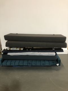 PALLET OF ASSORTED ITEMS TO INCLUDE 180CM DARK GREEN VELVET HEADBOARD, GREY FOLDABLE SOFA/BED