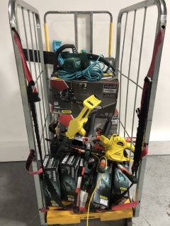 1 X CAGE OF ASSORTED GARDEN ELECTRIC TOOLS TO INCLUDE 2 SCHEPPAN GERMANY FPCS-5600 E1 PETROL CHAINSAWS, 4 X FERREX CORDLESS GRASS AND HEDGE TRIMMING SHEARS AND 2 X CHALLENGE ELECTRIC CHAINSAWS, APPRO