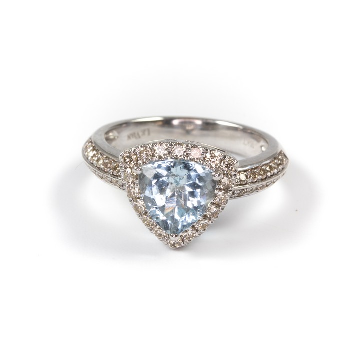 14ct White Gold 1.40ct Aquamarine Trilliant-cut and 0.60ct Diamond Ring, Size M½, 5.1g.  Auction Guide: £400-£500