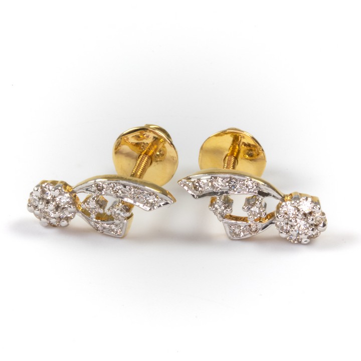 18K Yellow and White 0.56ct Diamond Flower Stud Earrings, 1.5x1.2cm, 3.3g.  Auction Guide: £300-£400
