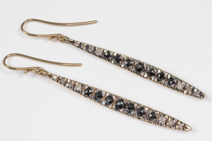 18K 0.80ct Black and Colourless Diamond Drop Earrings, 5.8cm, 5.2g.  Auction Guide: £325-£425