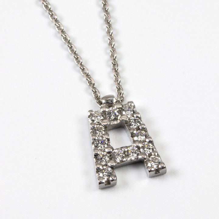 18K White 0.30ct Diamond Initial 'A' Pendant, 1x0.9cm and Chain, 42cm, 3.5g.  Auction Guide: £300-£400