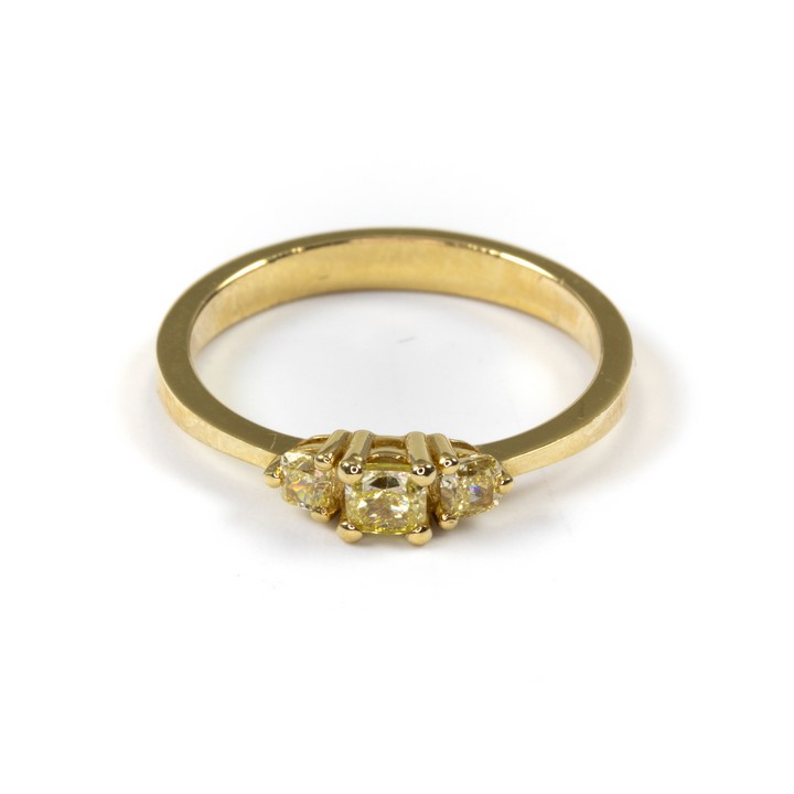 14K Yellow 0.45ct Fancy Yellow Diamond Three Stone Ring, Size N, 2.2g.  Auction Guide: £650-£750
