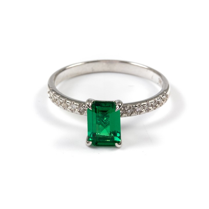14K White 1.00ct Emerald and 0.10ct Diamond Ring, Size N, 2.3g.  Auction Guide: £350-£450