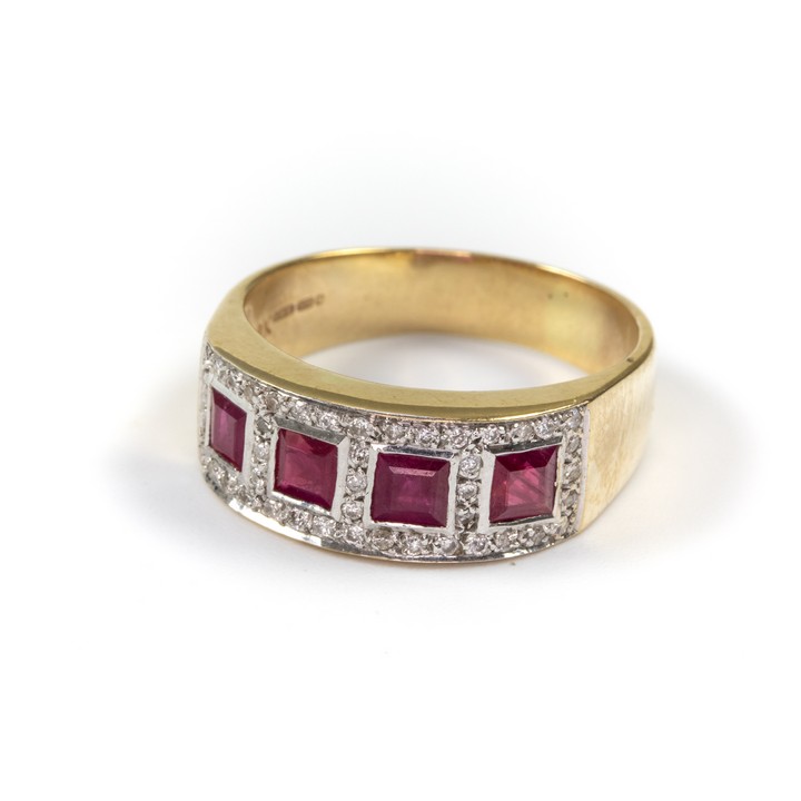 9ct Yellow and White Gold 0.50ct Ruby and 0.22ct Diamond Band Ring, Size Q, 4.9g.  Auction Guide: £275-£375
