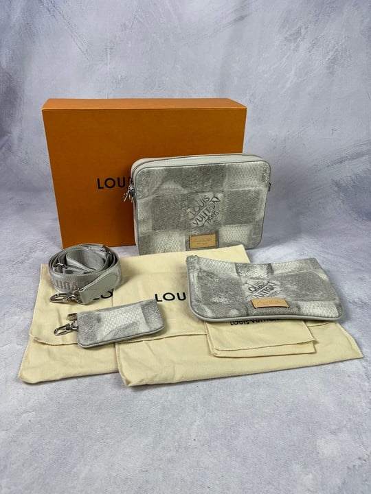 Louis Vuitton Salt Stone Grey Trio Set Messenger Bag, Comes with Dust Bag and Box. Dimensions:Approx H:18cm W:25cm D:5cm,15x24x2cm,7x12x1.5cm