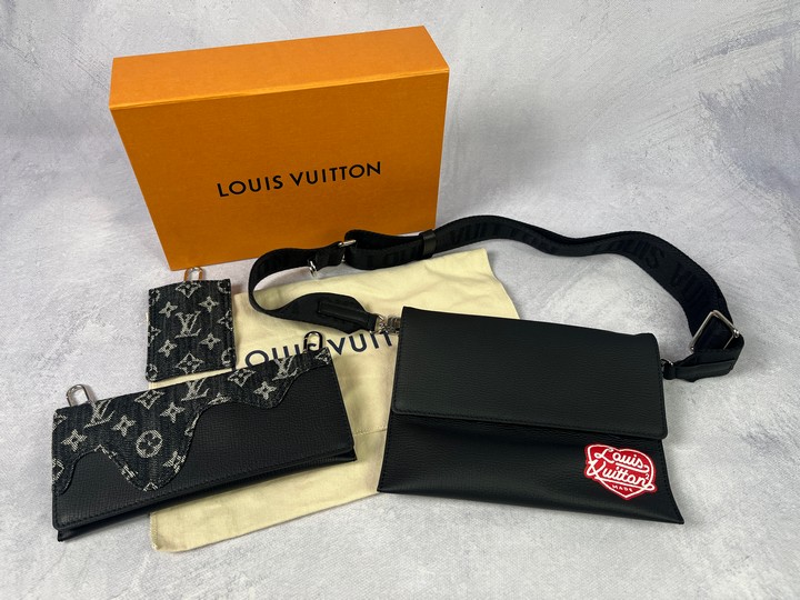 Louis Vuitton Black Denim Drip Trio Bag, Pouch and Card Holder, Comes with Dust Bag and Box.  Dimensions:Approx H:17 cm W:22 cm,10x22cm,10x7.5cm