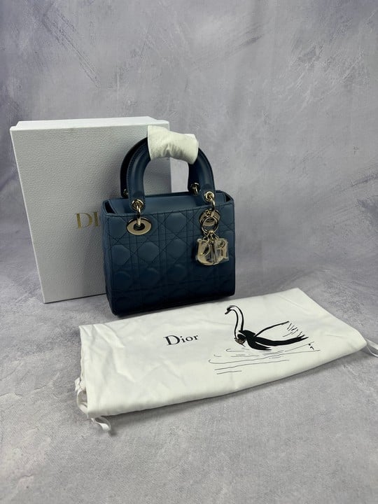 Christian Dior Blue Cannage Small Lady Bag, Comes with Dust Bag and Box. Dimensions:Approx H:18cm W:20cm D:8cm.