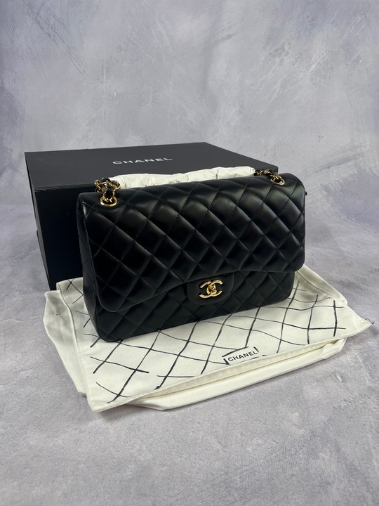 Chanel Quilted Black, Double Flap Lambskin Handbag, Comes with Dust Bag Channel Box and paperwork. Circa 2021.  Dimensions:Approx H:20cm W:31cm D:9cm.