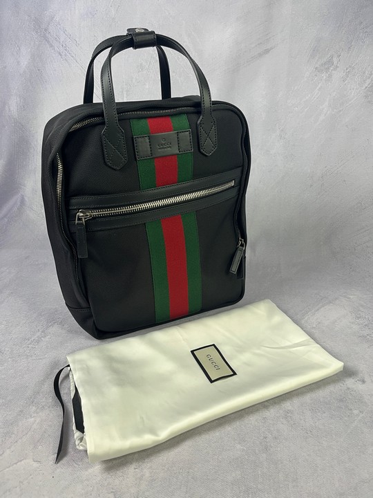 Gucci Techno Black Canvas Stripe Backpack, Comes with Dust Bag.  Dimensions:Approx H:37cm W:32cm D:13cm.
