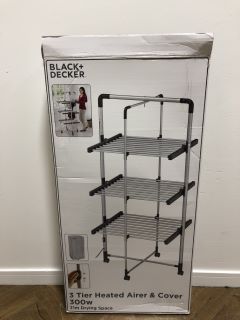 1 X PALLET OF ITEMS TO INCLUDE BLACK AND DECKER 3 TIER HEATED AIRER & COVER AND MESA 3 SHELF ACACIA STORAGE TOWER, APPROX RRP £700