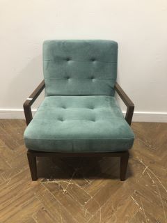 GREEN FABRIC ARMCHAIR WITH DARK WOOD, APPROX RRP £190