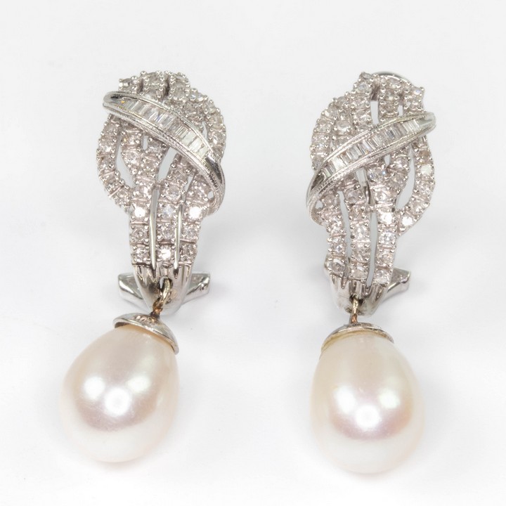 14K White 0.80ct Diamond and Pearl Fancy Drop Earrings, 3cm, 7.5g.  Auction Guide: £325-£425