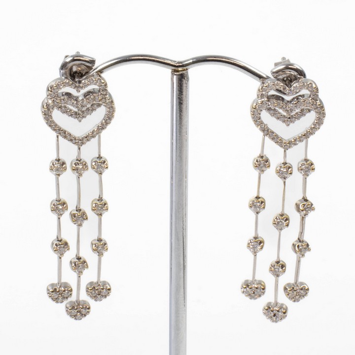 18K White 0.80ct Diamond Double Heart and Three Strand Drop Earrings, 4.5cm, 7.4g.  Auction Guide: £600-£700