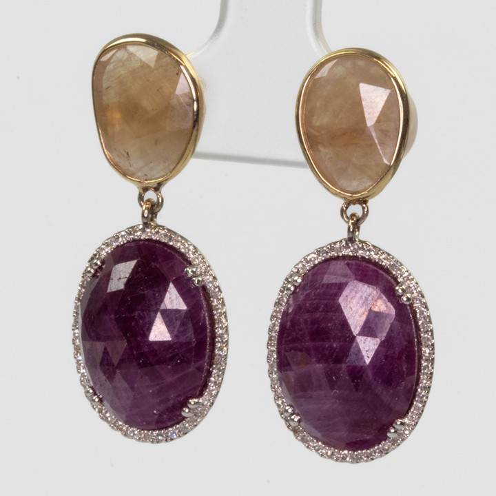 14K White and Yellow 0.33ct Diamond with Yellow and Purple Oval Faceted Stone Drop Earrings, 3.2x1.2cm, 6.8g.  Auction Guide: £300-£400