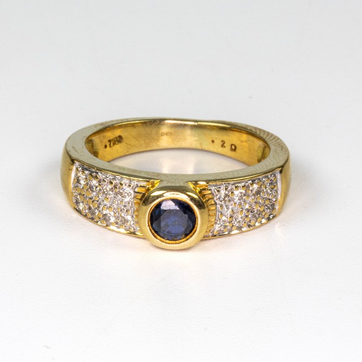 18ct Yellow Gold 0.20ct Sapphire and 0.08ct Diamond Pavé Band Ring, Size L, 6.2g.  Auction Guide: £325-£425