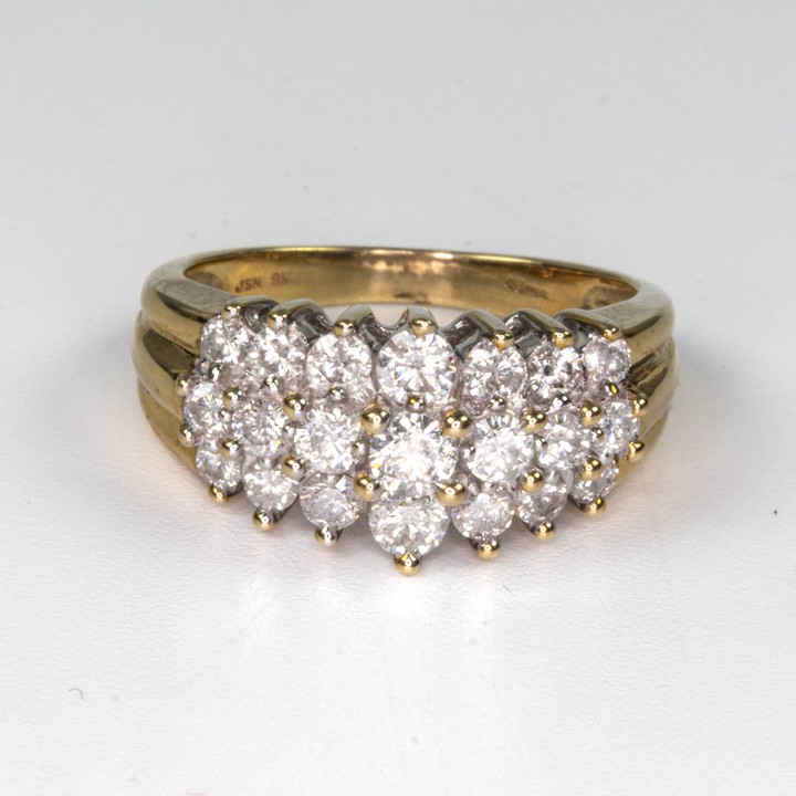 9ct Yellow Gold 1.00ct Diamond Three Row Cluster Band Ring, Size L, 3.4g.  Auction Guide: £300-£400