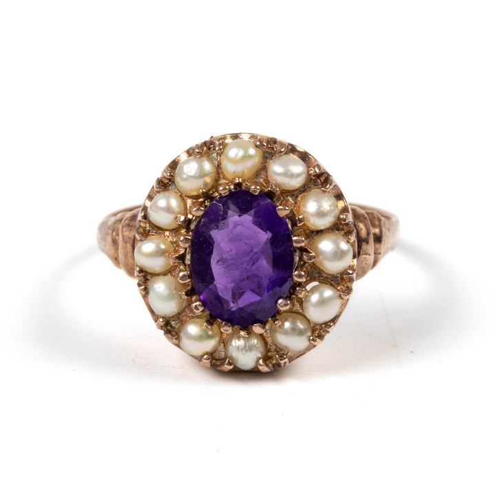 9ct Rose Gold 1.25ct Amethyst with Pearl Halo Ring, Size M½, 3.1g.  Auction Guide: £175-£275