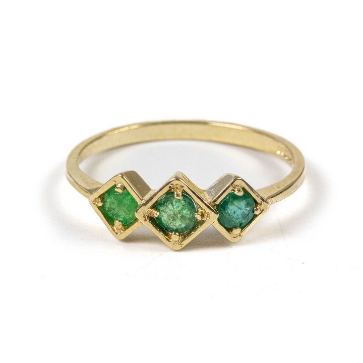 9ct Yellow Gold Emerald Three Stone Ring, Size N, 1.7g