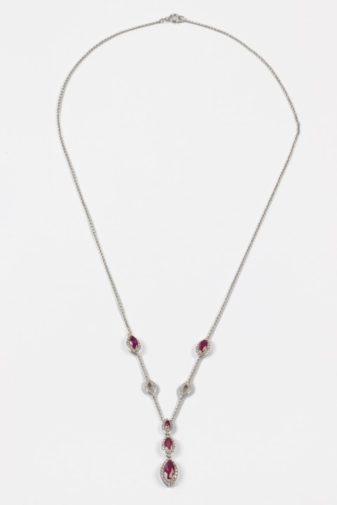 18K White 1.94ct Ruby and 0.40ct Diamond Drop Necklace, 45cm, 5g.  Auction Guide: £1,500-£2,000