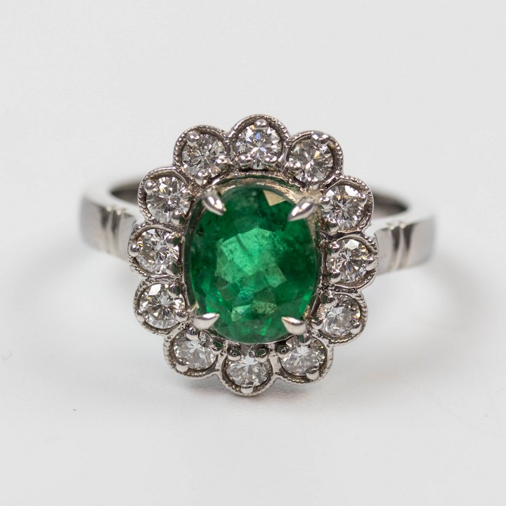 18ct White Gold 1.80ct Natural Colombian Emerald and 0.72ct Diamond Halo Ring, Size M½, 6.9g. Colour F-G, Clarity VVS.  Auction Guide: £2,000-£2,500