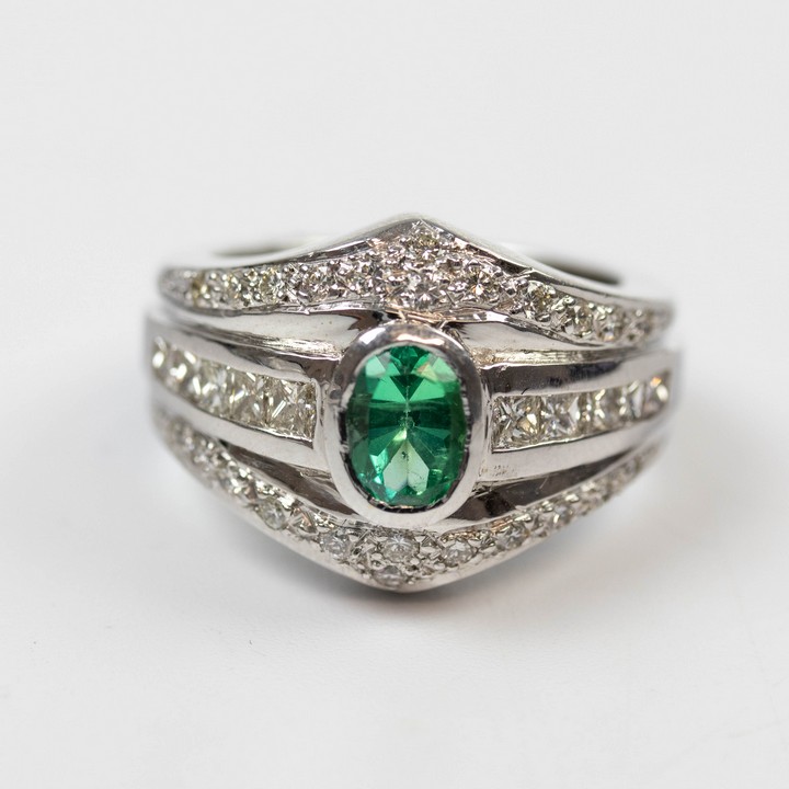 18K White 1.00ct Natural Emerald and 1.17ct Diamond Three Row Ring, Size P½, 16.6g. Colour F-G, Clarity VVS.  Auction Guide: £1,800-£2,300