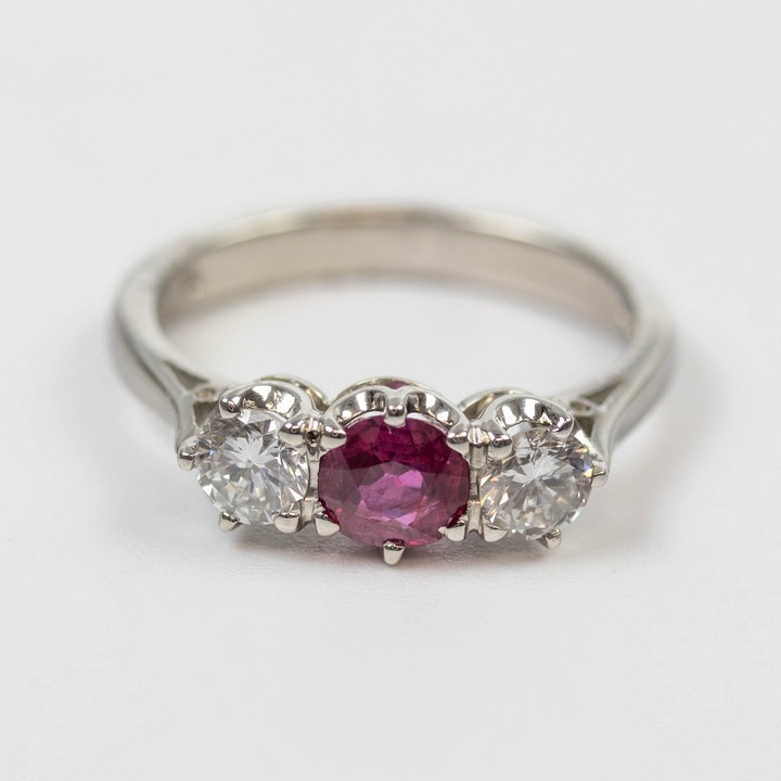 Platinum 950 0.63ct Natural Burmese Ruby and 0.62ct Natural Diamond Trinity Ring, Size N, 5.8g.  Auction Guide: £1,550-£1,750