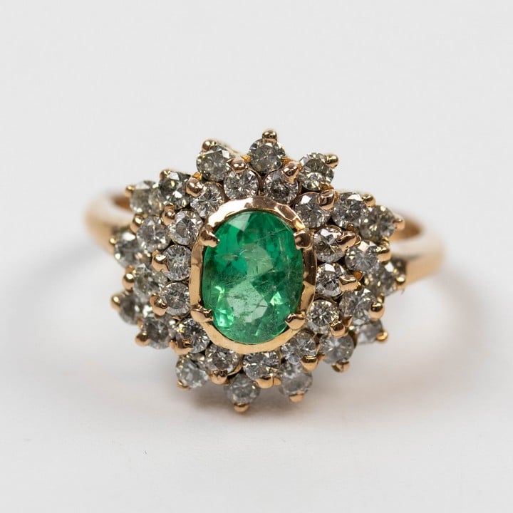 14K Yellow 1.00ct Natural Colombian Emerald and 1.00ct Natural Diamond Ring, Size L½, 4.4g. Colour G-H, Clarity VS-Si.  Auction Guide: £1,100-£1,300