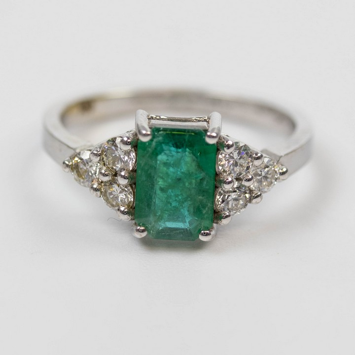 18K White 0.93ct Natural Emerald and 0.50ct Diamond Ring, Size L½, 3.3g. Colour F-G, Clarity VS.  Auction Guide: £1,100-£1,300