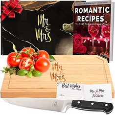 5 X DELUXE MR. & MRS CUTTING BOARD + CHEF KNIFE- WEDDING GIFTS FOR COUPLES UNIQUE 2022,CUTE BRIDAL SHOWER GIFT FOR BRIDE, COUPLES GIFTS FOR HUSBAND AND WIFE, ANNIVERSARY, ENGAGEMENT GIFT FOR COUPLE -