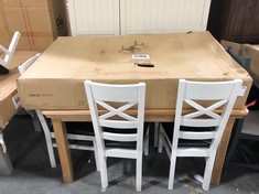 OAK FURNITURE LAND CANTERBURY NATURAL SOLID OAK 6-8 SEATER EXTENDABLE DINING TABLE - RRP £629 TO INCLUDE 4 X OAK FURNITURE LAND BROMPTON PAINTED ACACIA DINING CHAIR BLACK LEATHER - RRP £190 (BLOCK A)
