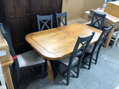 OAK FURNITURE LAND HERCULES RUSTIC SOLID OAK 10-12 SEATER EXTENDABLE DINING TABLE - RRP £1009 TO INCLUDE 6 X OAK FURNITURE LAND HIGHGATE RUSTIC SOLID OAK & PAINTED DINING CHAIR GREY FABRIC - RRP £190