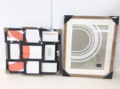 5 X ASSORTED PHOTO FRAMES AND PRINTS INCLUDING MULTI PICTURE FRAME IN BLACK .